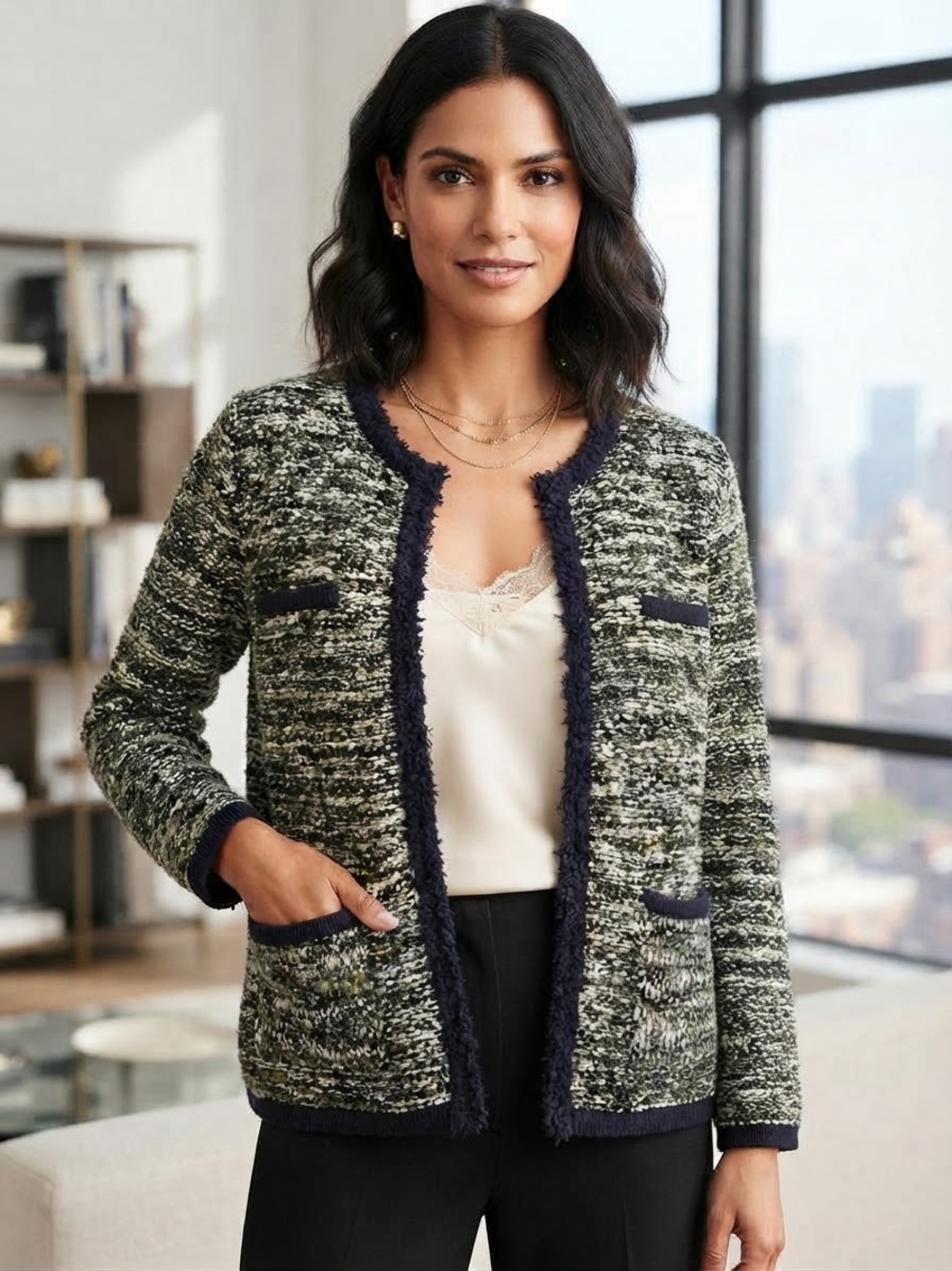 Anne Taylor Textured Open-Front Bouclé Cardigan Jacket - Green/Navy